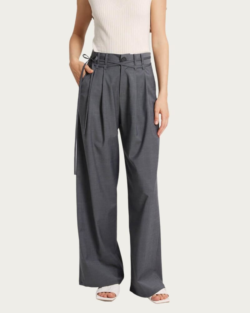 Front of a model wearing a size L Wide-Leg Belted Wool-Blend Trousers in Smoke in Smoke by Gentle Herd. | dia_product_style_image_id:341134